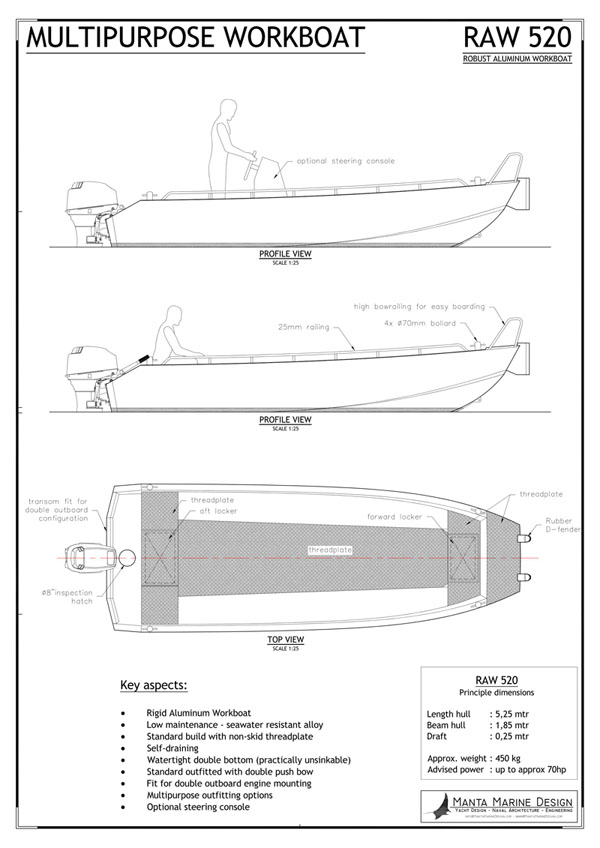 RAW520 is a Robust Aluminium Workboat - Tender - Fishboat. Design by Manta Marine Design
