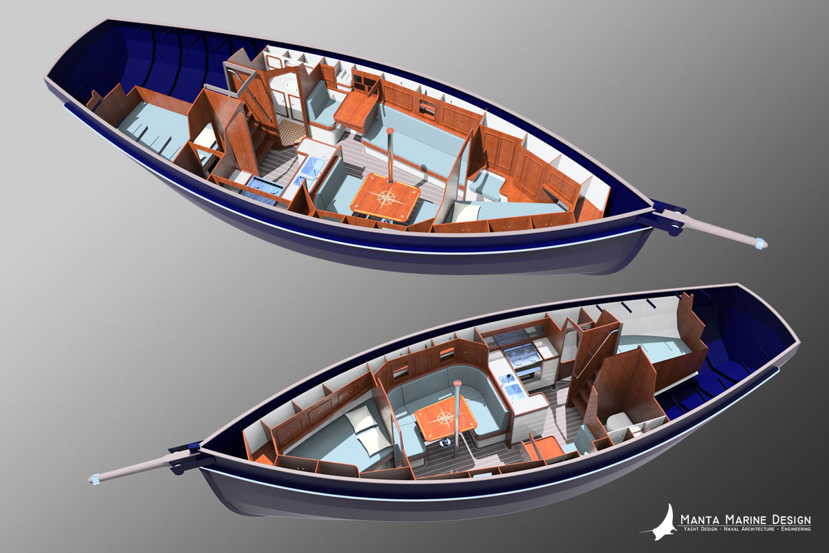 Bornrif 33SC shallow draft steel sailing yacht with centerboard - interior visualization