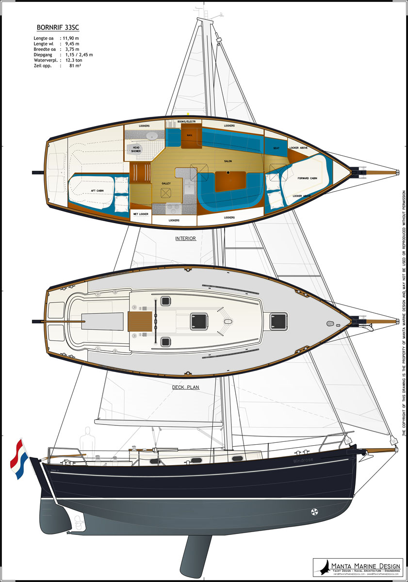 Bornrif 33SC shallow draft steel sailing yacht with centerboard - general arrangement