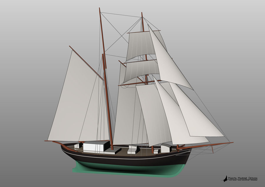 Marine Marine Design proposed conversion of the sailplan for Opal to a topsail schooner